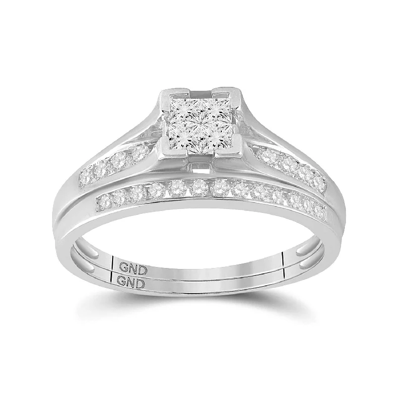 Embossed wedding ring-10kt White Gold Princess Diamond Bridal Wedding Ring Band Set 1/2 Cttw Size 6