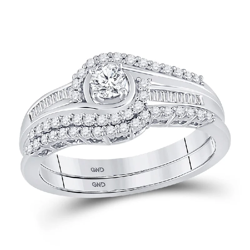 Matte stone ring-10kt White Gold Round Diamond Swirl Bridal Wedding Ring Band Set 1/2 Cttw