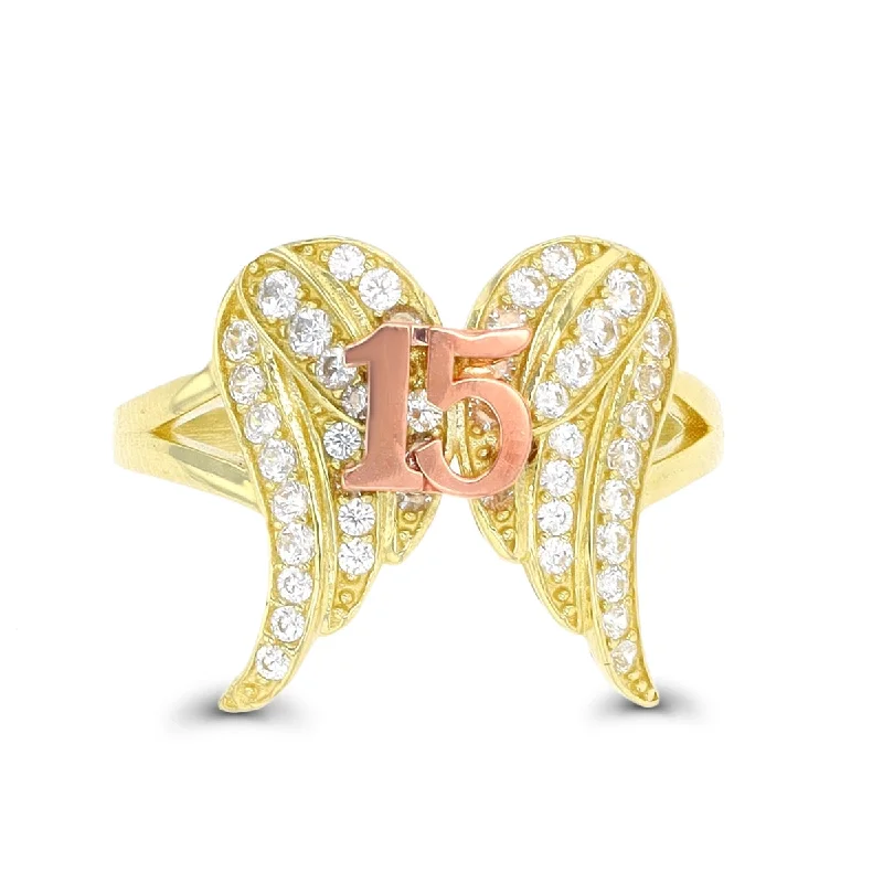 Droplet stone ring-10KT Yellow Gold Cubic Zirconia Quinceanera Angel Wings Ring