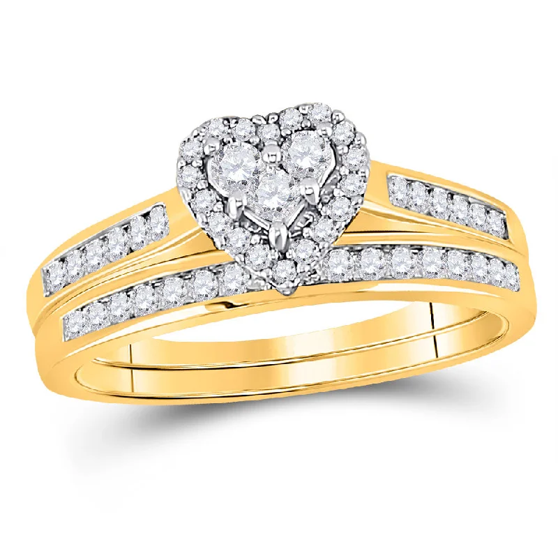 Stamped pattern ring-10kt Yellow Gold Diamond Heart Bridal Wedding Ring Band Set 1/2 Cttw