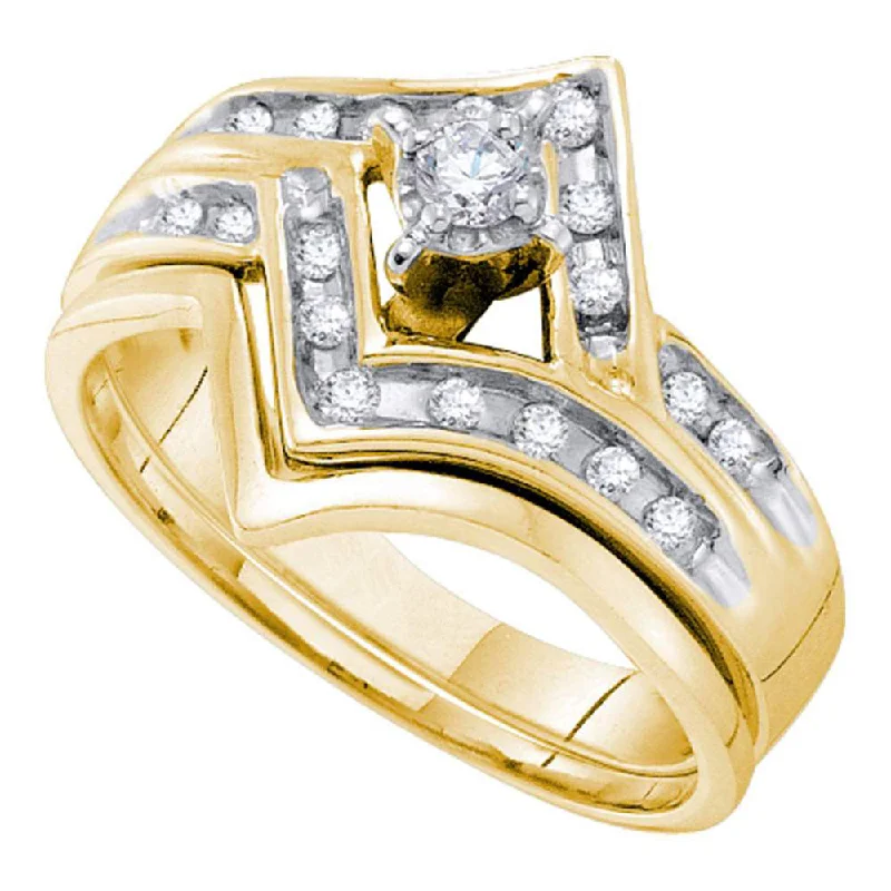 Prehistoric ring-10kt Yellow Gold Round Diamond Chevron Bridal Wedding Ring Band Set 1/4 Cttw