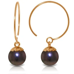 Octagonal gem earrings-14K Solid Rose Gold Circle Wire Earrings w/ Black Pearls