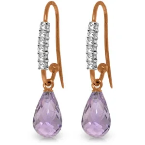 Tandem gem earrings-14K Solid Rose Gold Fish Hook Diamond & Amethyst Earrings Jewelry