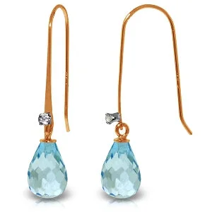 Teardrop design earrings-14K Solid Rose Gold Fish Hook Diamond & Blue Topaz Earrings Gemstone