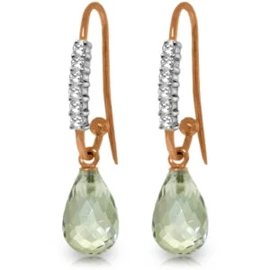 Embossed bar earrings-14K Solid Rose Gold Fish Hook Diamond & Green Amethyst Earrings