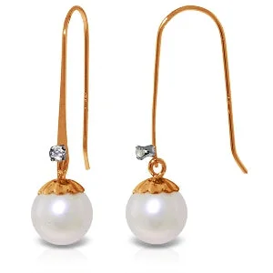 Millet stalk earrings-14K Solid Rose Gold Fish Hook Diamond & Pearl Earrings Jewelry