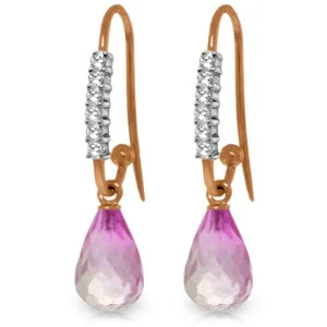 Ash pearl earrings-14K Solid Rose Gold Fish Hook Diamond & Pink Topaz Earrings Certified