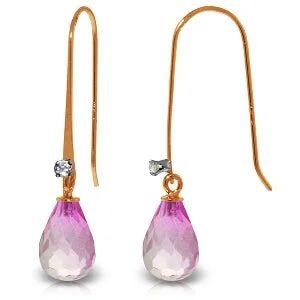 Kelp frond earrings-14K Solid Rose Gold Fish Hook Diamond & Pink Topaz Earrings Jewelry