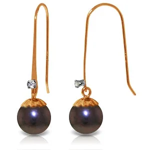 Medieval style earrings-14K Solid Rose Gold Fish Hook Earrings w/ Diamond & Black Pearls