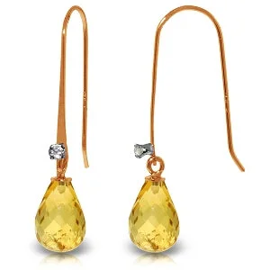 Cast metal earrings-14K Solid Rose Gold Fish Hook Earrings w/ Diamond & Citrine