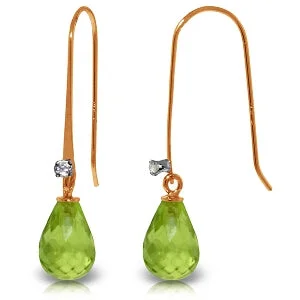 Lined stone earrings-14K Solid Rose Gold Fish Hook Earrings w/ Diamond & Peridot