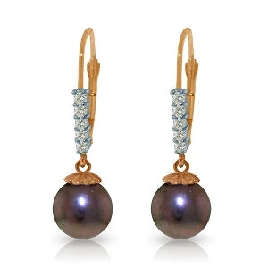 Layered cut earrings-14K Solid Rose Gold Leverback Earrings Diamond & Black Pearl Gemstone