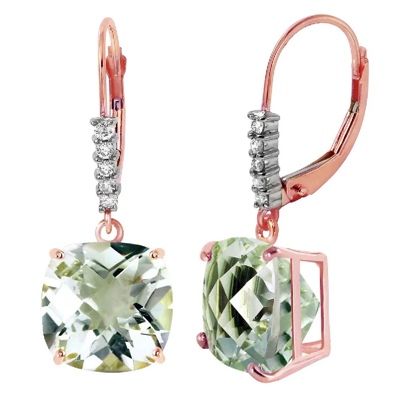 Ash pearl earrings-14K Solid Rose Gold Leverback Earrings Diamond & Green Amethyst