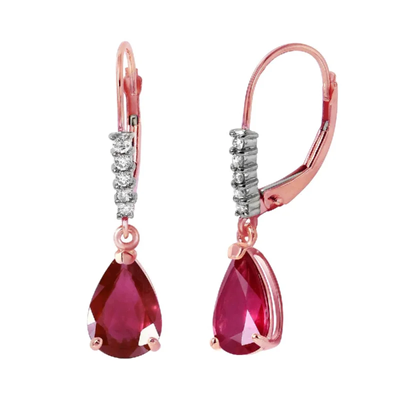 Teardrop design earrings-14K Solid Rose Gold Leverback Earrings Diamond & Ruby Jewelry Genuine Deluxe