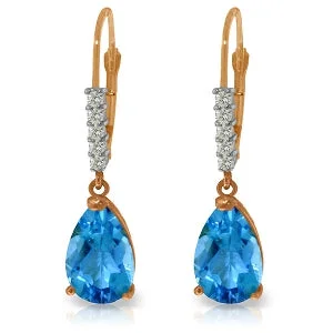 Fractured gem earrings-14K Solid Rose Gold Leverback Earrings Natural Diamond & Blue Topaz Certified