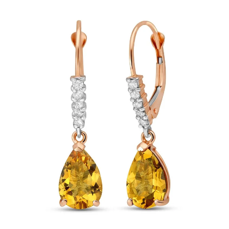 Waxed finish earrings-14K Solid Rose Gold Leverback Earrings Natural Diamond & Citrine Jewelry