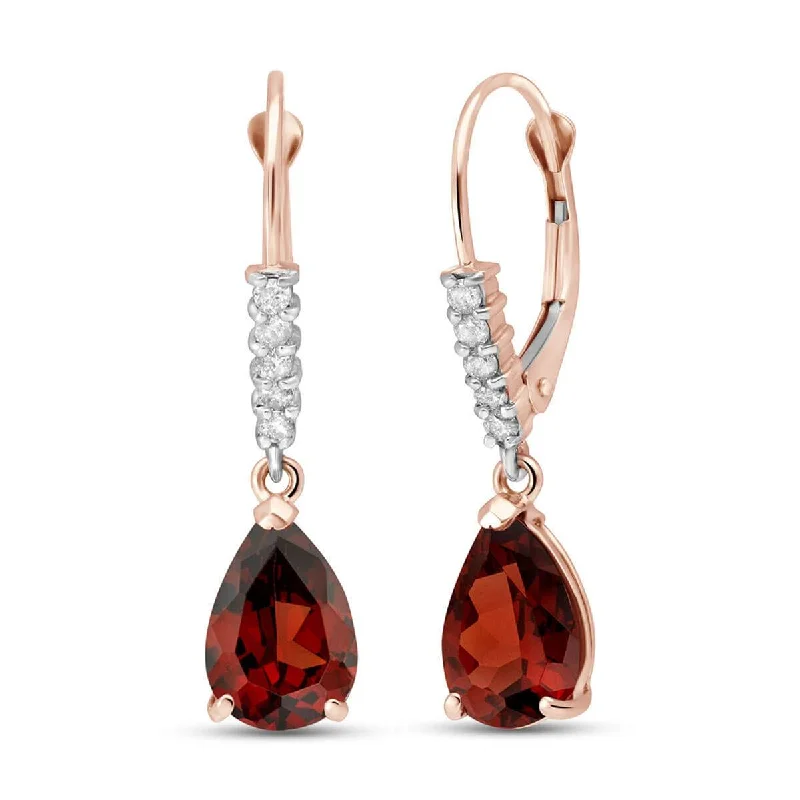 Subtle color earrings-14K Solid Rose Gold Leverback Earrings Natural Diamond & Garnet