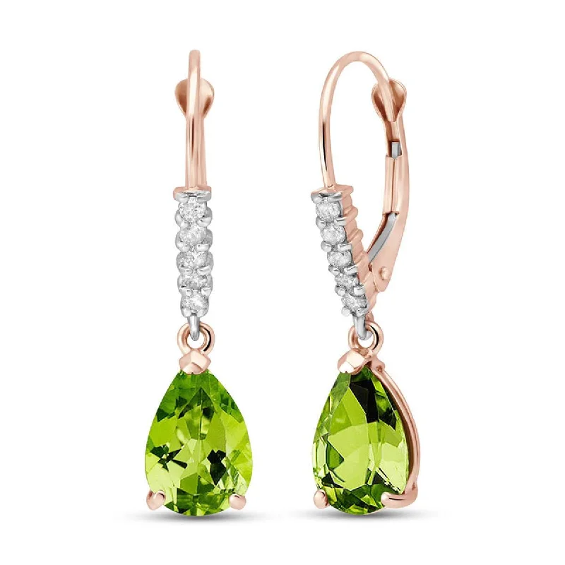 Curved metal earrings-14K Solid Rose Gold Leverback Earrings Natural Diamond & Peridot Class