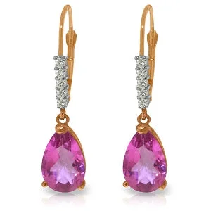 Fern vein earrings-14K Solid Rose Gold Leverback Earrings Natural Diamond & Pink Topaz Certified