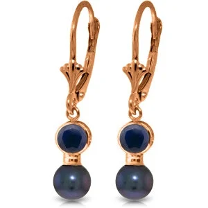 Cyclical spiral earrings-14K Solid Rose Gold Leverback Earrings w/ Black Pearls & Sapphire