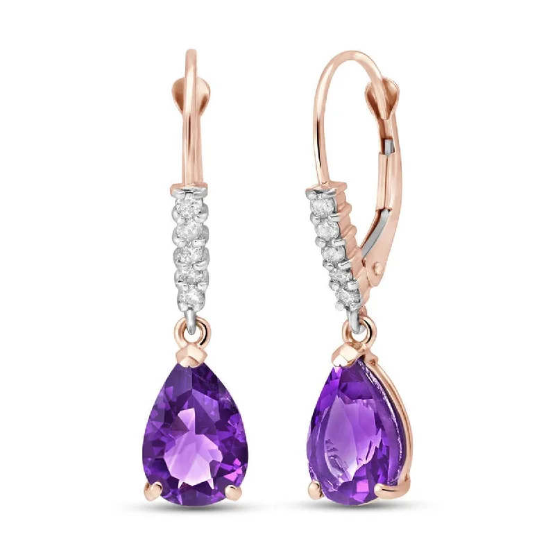 Rock vein earrings-14K Solid Rose Gold Leverback Earrings w/ Natural Diamonds & Amethysts