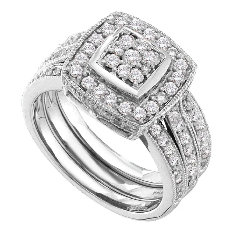 Radial star ring-14kt White Gold Diamond Cluster 3-Piece Bridal Wedding Ring Band Set 1 Cttw