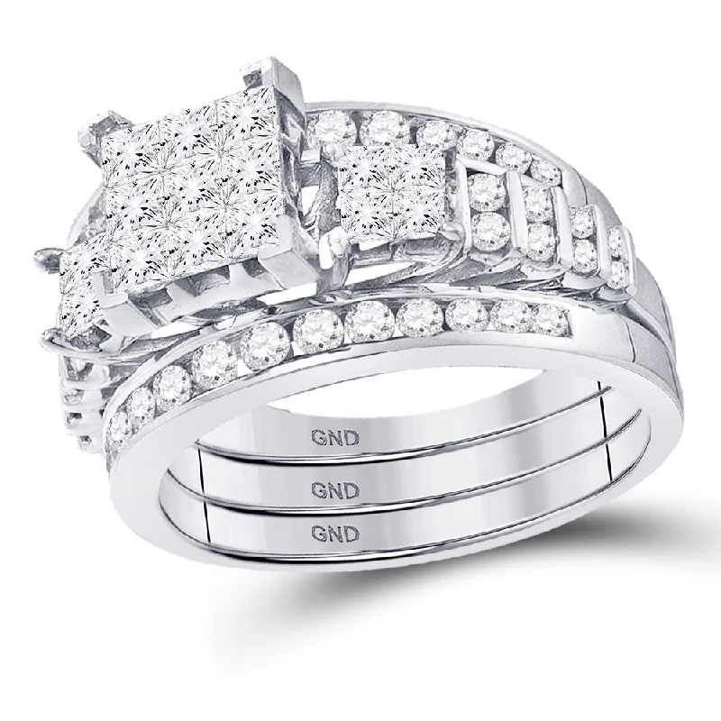 Hazel wood ring-14kt White Gold Princess Diamond 3-Piece Bridal Wedding Ring Band Set 1-1/2 Cttw