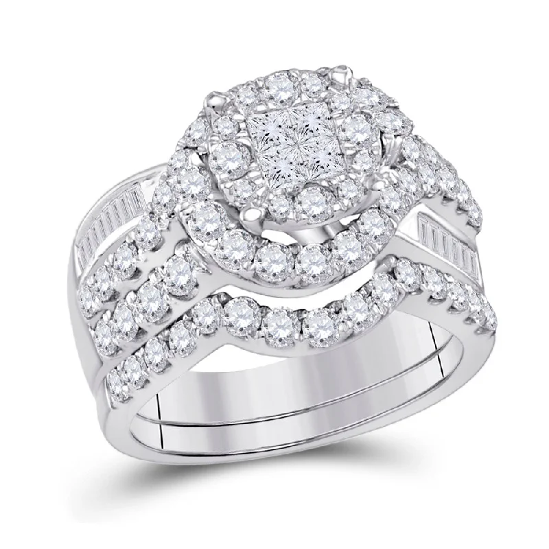 Quilted pattern ring-14kt White Gold Princess Diamond Bridal Wedding Ring Band Set 1-3/4 Cttw