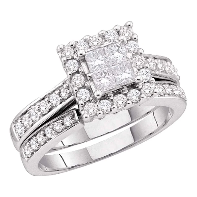 Rattan band ring-14kt White Gold Princess Diamond Halo Bridal Wedding Ring Band Set 1-1/2 Cttw