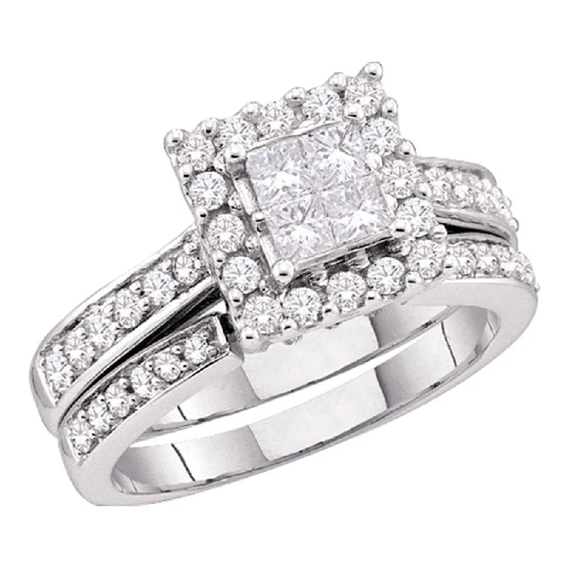 Crystal bead ring-14kt White Gold Princess Diamond Halo Bridal Wedding Ring Band Set 1/2 Cttw