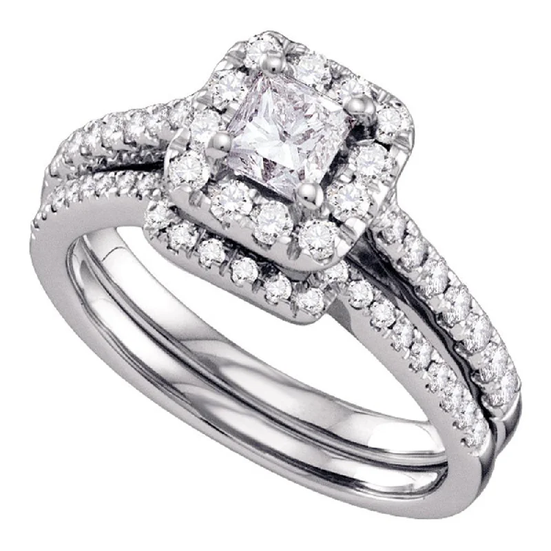 Arched shank ring-14kt White Gold Princess Diamond Halo Bridal Wedding Ring Band Set 1 Cttw