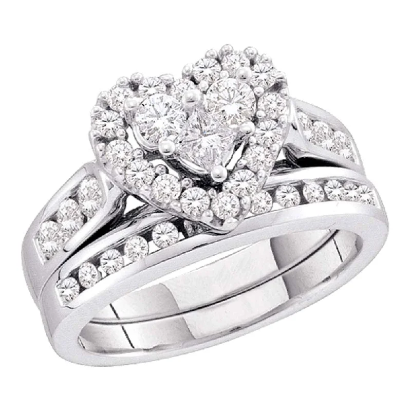 Arched shank ring-14kt White Gold Princess Diamond Heart Bridal Wedding Ring Band Set 1 Cttw