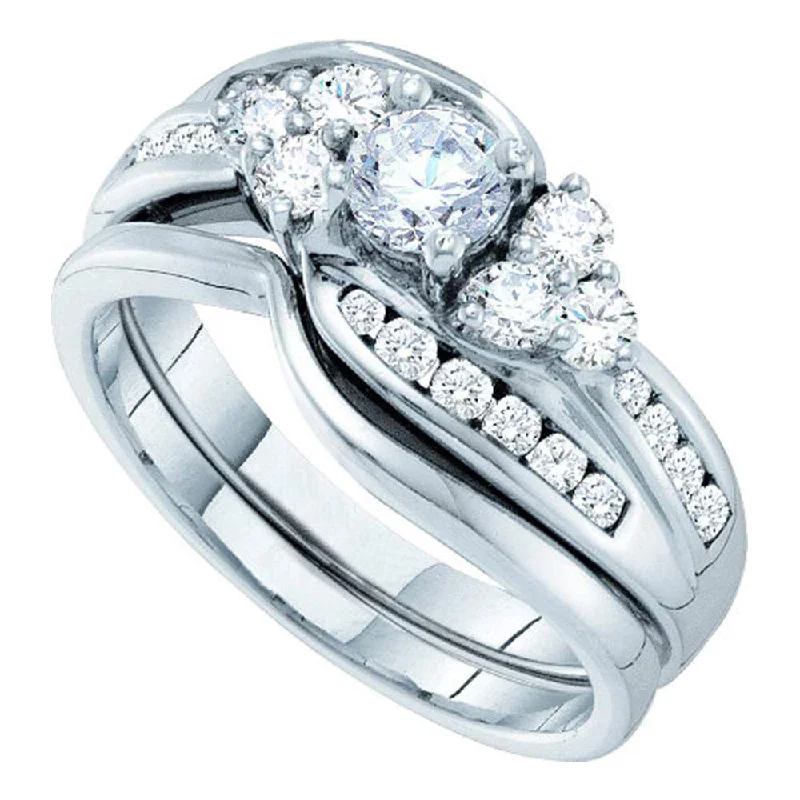 Engraved cut ring-14kt White Gold Round Diamond Bridal Wedding Ring Band Set 1 Cttw