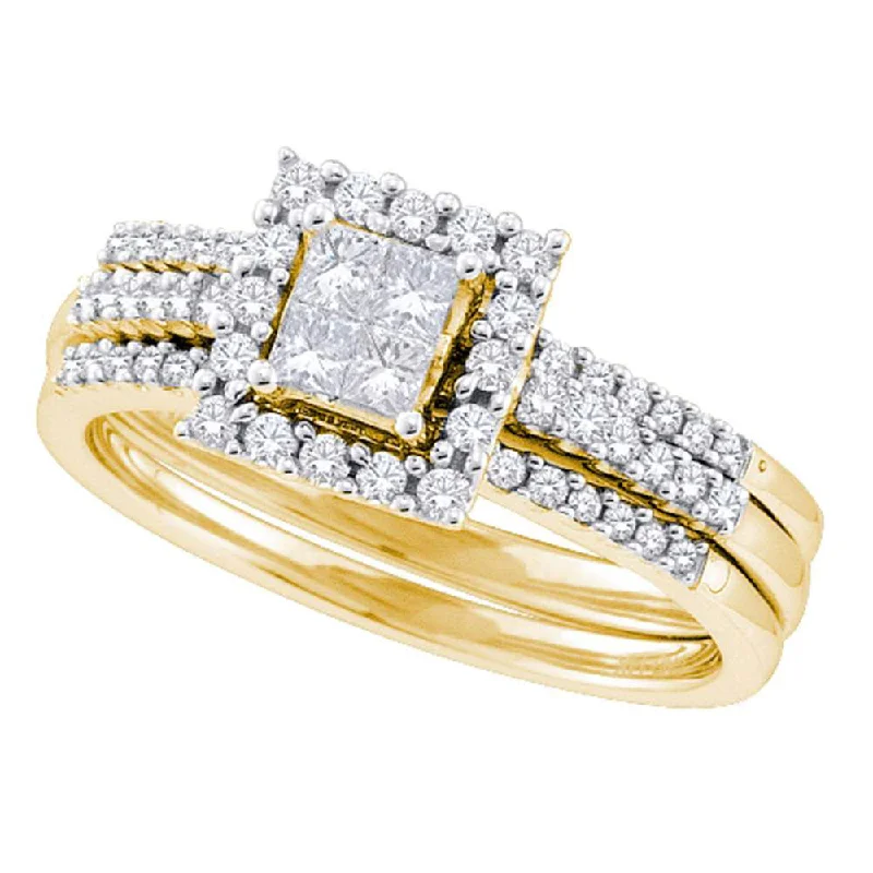 Scarlet coral ring-14kt Yellow Gold Princess Diamond 3-Piece Bridal Wedding Ring Band Set 1/2 Cttw