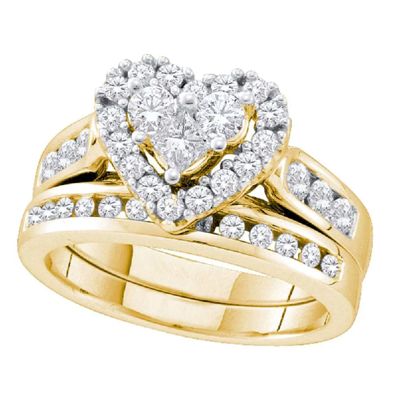 Folk ikat ring-14kt Yellow Gold Princess Diamond Heart Bridal Wedding Ring Band Set 1 Cttw