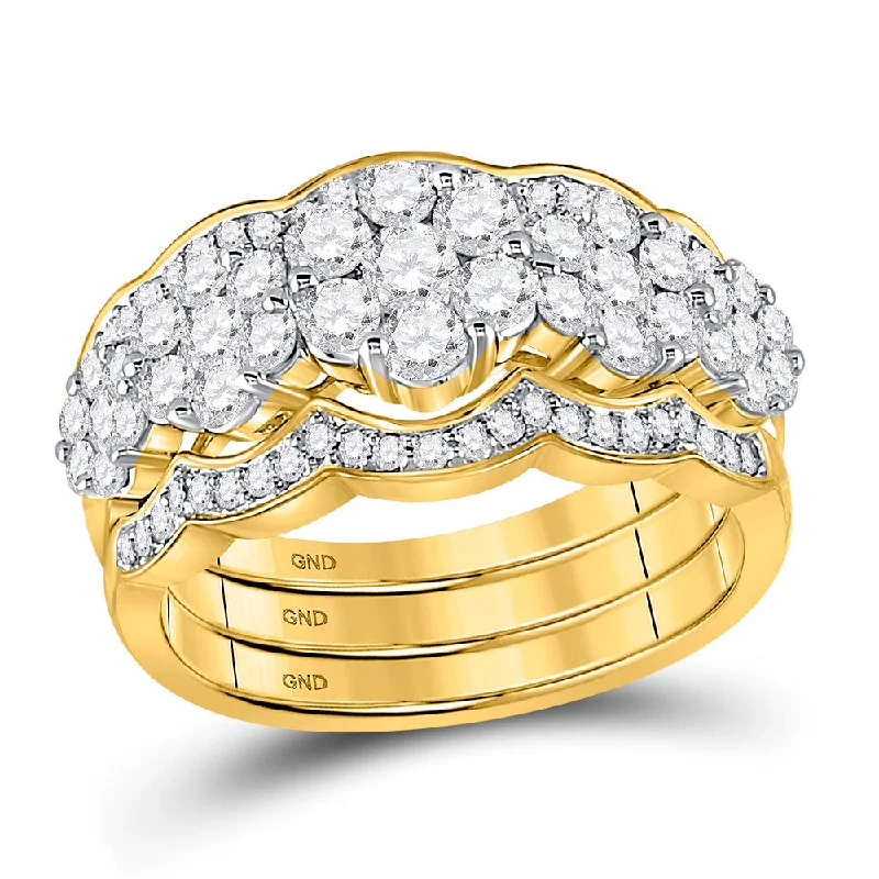 Textured rib ring-14kt Yellow Gold Round Diamond 3-piece Bridal Wedding Ring Band Set 1-1/2 Cttw