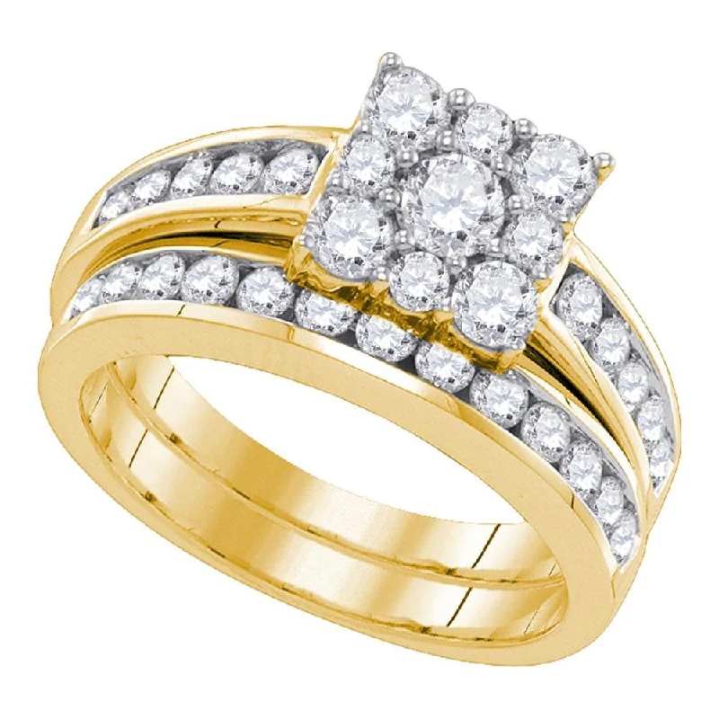 Tartan check ring-14kt Yellow Gold Round Diamond Halo Bridal Wedding Ring Band Set 1-1/2 Cttw