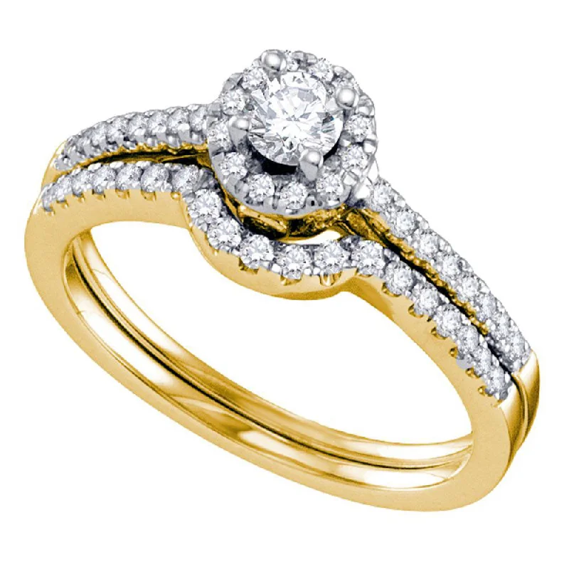 Border stone ring-14kt Yellow Gold Round Diamond Halo Bridal Wedding Ring Band Set 1/2 Cttw