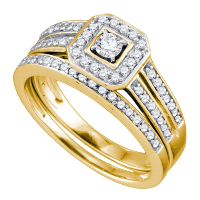 Tin toned ring-14kt Yellow Gold Round Diamond Square Halo Bridal Wedding Ring Band Set 1/2 Cttw