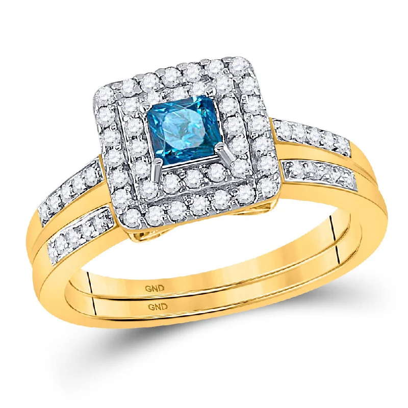 Heritage mine ring-14kt Yellow Gold Womens Princess Blue Color Enhanced Diamond Bridal Wedding Ring Set 7/8 Cttw