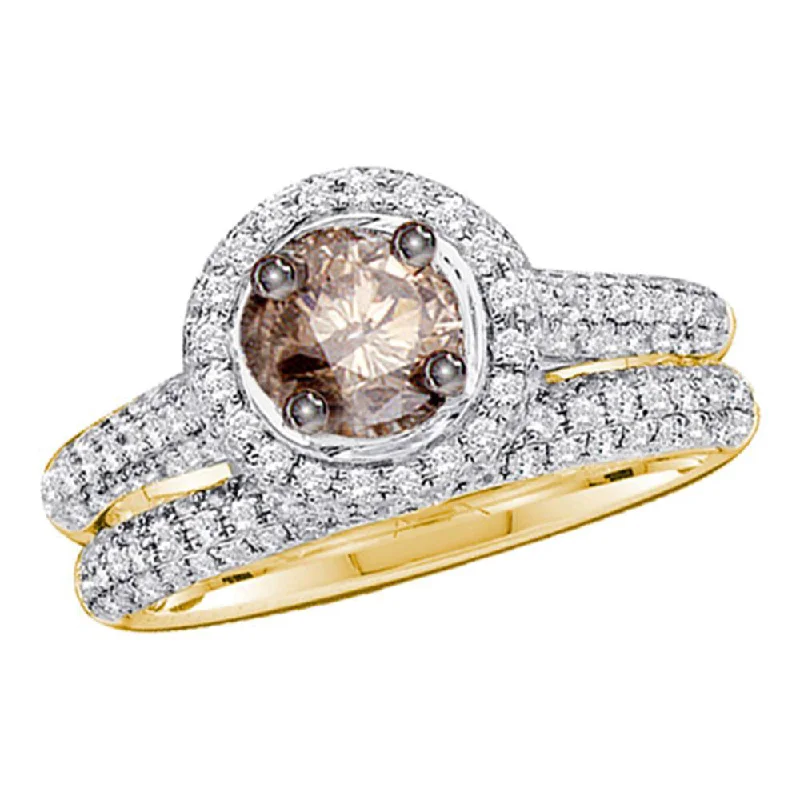 Prairie grass ring-14kt Yellow Gold Womens Round Brown Diamond Bridal Wedding Engagement Set 1-1/4 Cttw