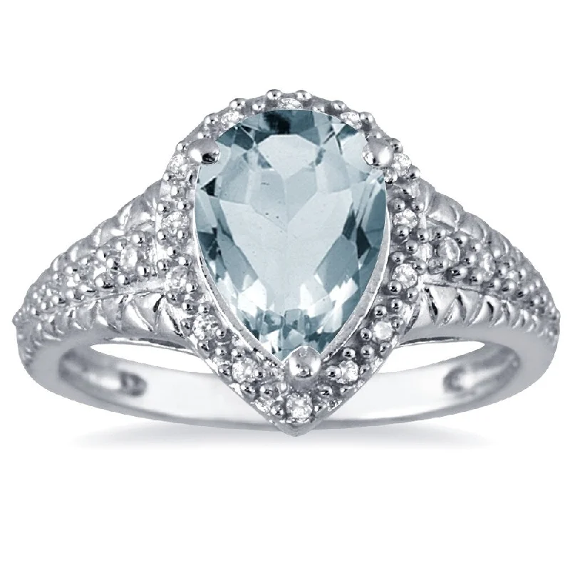 Elder twig ring-2 Carat Pear Shaped Aquamarine and Diamond Ring in 10K White Gold