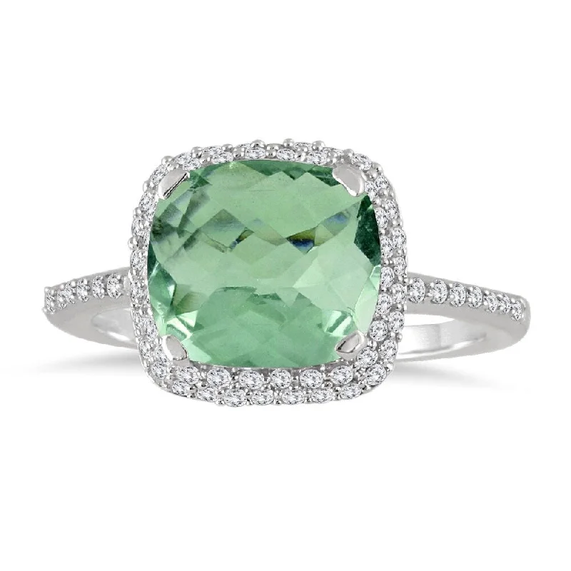 Briolette sapphire ring-3 1/2 Carat Cushion Cut Green Amethyst and Diamond Halo Ring in 10K White Gold