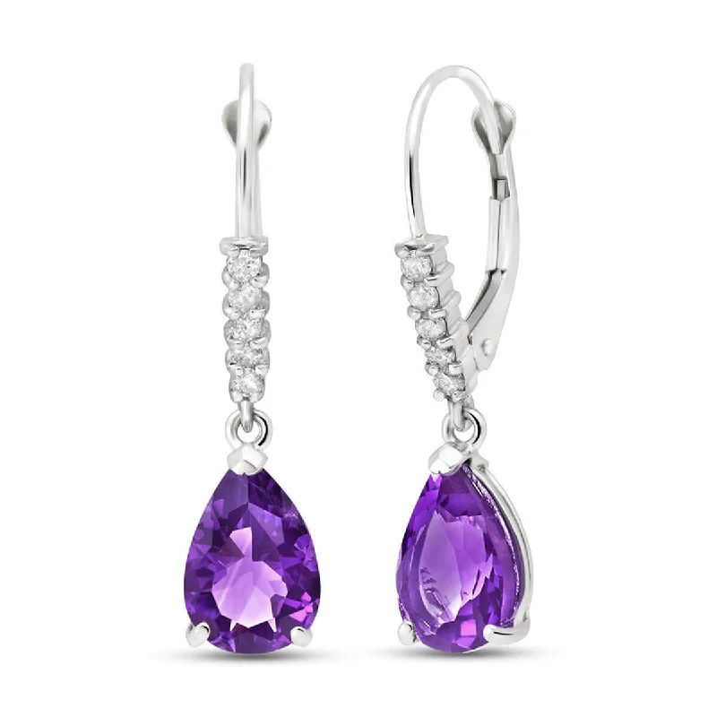 Quartzite shard earrings-3.15 Carat 14K Solid White Gold Leverback Earrings Natural Diamond Amethyst