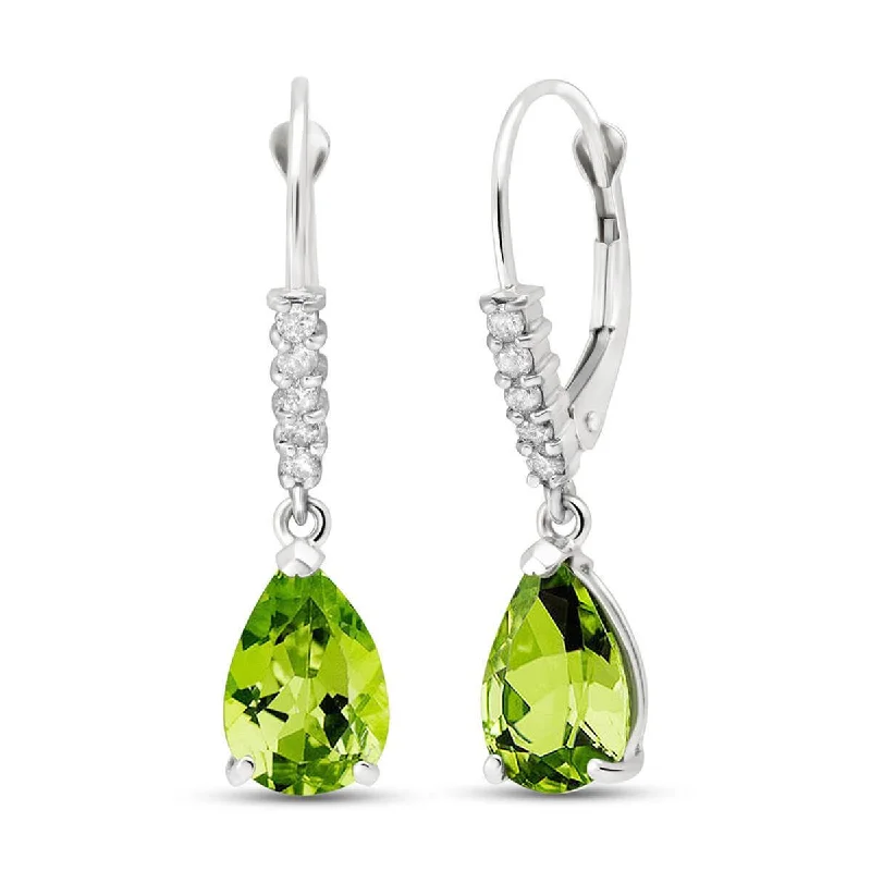 Pointed edge earrings-3.15 Carat 14K Solid White Gold Leverback Earrings Natural Diamond Peridot