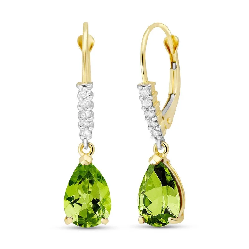 Textured rib earrings-3.15 Carat 14K Solid Yellow Gold Leverback Earrings Natural Diamond Peridot