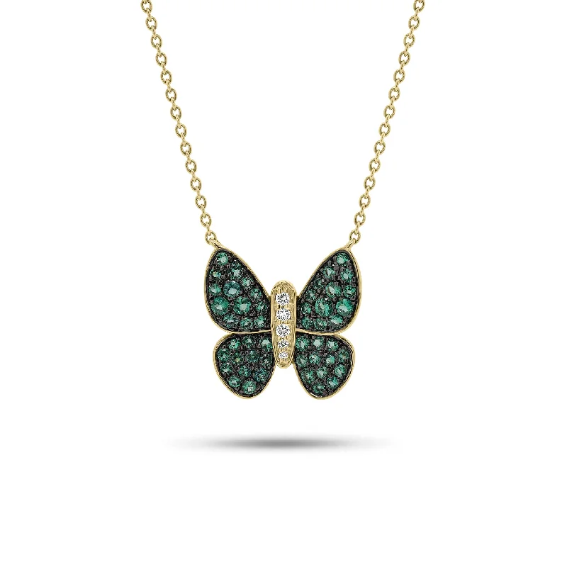 Droplet stone necklace-Emerald & Diamond Butterfly Pendant Necklace