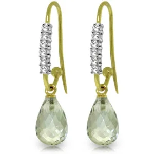 Micro pave earrings-4.68 Carat 14K Solid Yellow Gold Fish Hook Earrings Diamond Green Amethyst