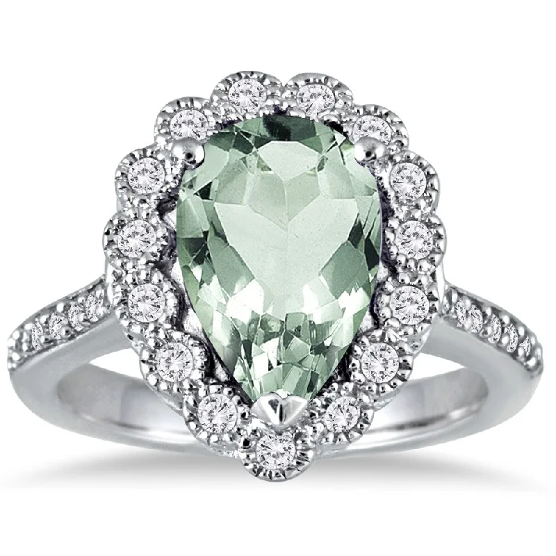 Waxed finish ring-5 Carat Pear Shape Green Amethyst and Diamond Ring in 14K White Gold