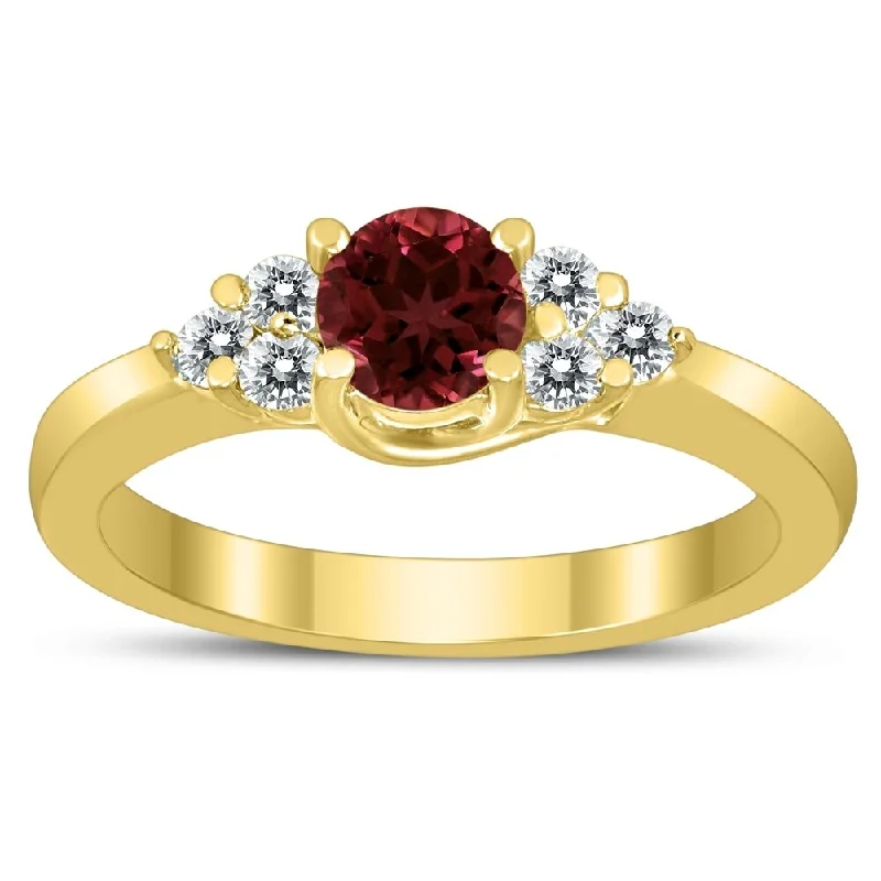 Fern vein ring-5MM Garnet and Diamond Cynthia Ring in 10K Yellow Gold